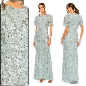 Mac Duggal 93932 Blue Flutter Sleeve Sequins High Neck Gown Size 4 $998